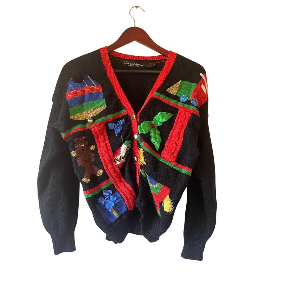 Vintage Christmas Sweater Cardigan Gingerbread Holly Bells Women's L